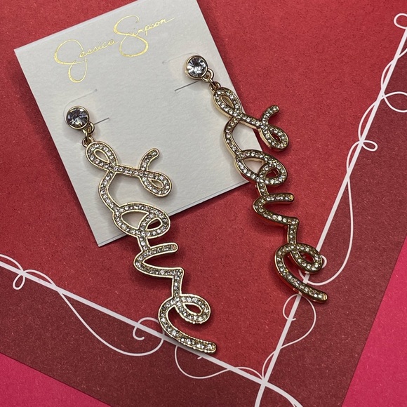 NWT Jessica Simpson LOVE Earrings, Goldtone Crystal Sparkly Valentine’s Day - Picture 3 of 5
